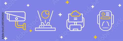 Set line Artificial intelligence robot, Cloud database, Hologram and Security camera icon. Vector