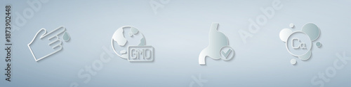 Set Finger blood, GMO, Human stomach health and Calcium. Paper art style. Vector