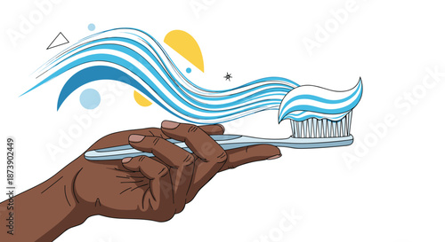 Modern illustration of a hand holding a toothbrush with a wave of striped toothpaste against abstract shapes and lines.