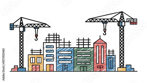 Construction Skyline: Illustrative view captures the vibrant essence of an urban construction site. Towering cranes stand tall amidst the skeletal frameworks of buildings.