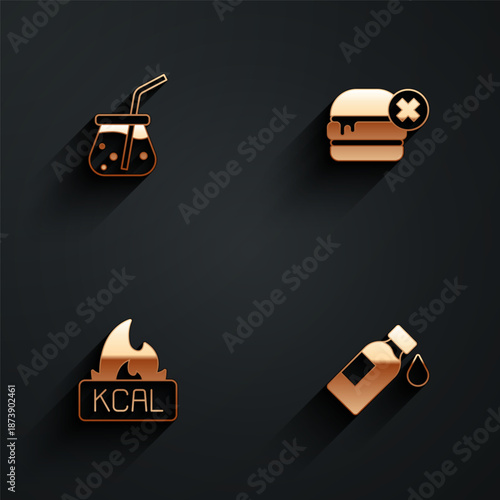 Set Fresh smoothie, No burger, Kcal and Bottle of water icon with long shadow. Vector