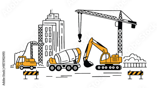 Construction Site Dynamics: A dynamic illustration showing a bustling construction site featuring various heavy machinery and the framework of a modern building.