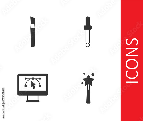 Set Magic wand, Paint brush, Computer with design program and Eyedropper color picker palette icon. Vector