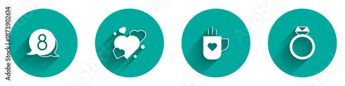 Set 8 March in speech bubble, Heart, Coffee cup and heart and Diamond engagement ring icon with long shadow. Vector