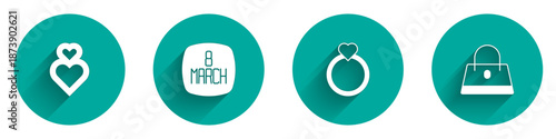 Set Heart, 8 March, Diamond engagement ring and Handbag icon with long shadow. Vector