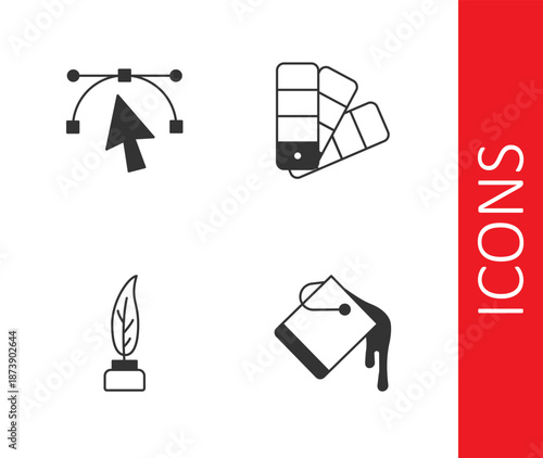 Set Paint bucket, Bezier curve, Feather and inkwell and Color palette guide icon. Vector