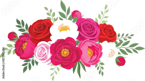 Vibrant floral arrangement with roses and peonies in pink, red, and white hues