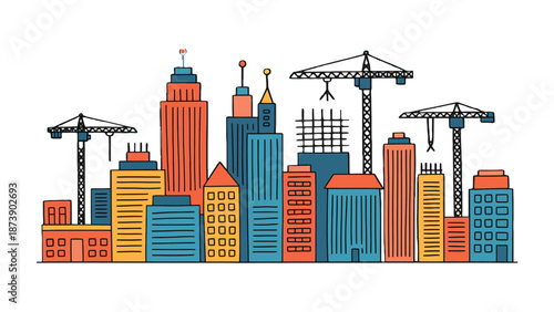 Construction Cityscape: A vibrant, graphic illustration portrays a bustling cityscape under construction, showcasing a skyline of colorful buildings and towering cranes.