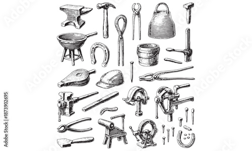 Blacksmith Forge Tools Icons Set - Anvil Hammer Tongs Horseshoe Vector Pack
