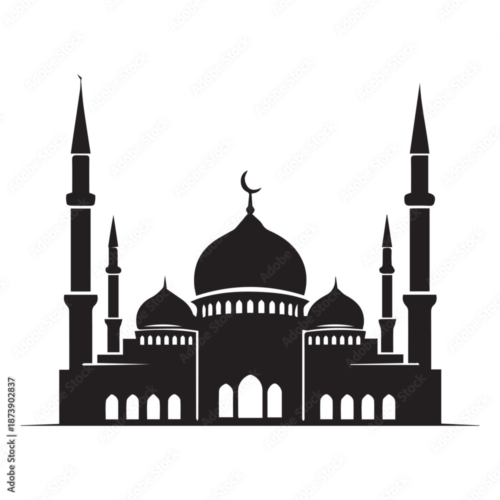 Fototapeta premium Black and white mosque with domes and minarets silhouette vector