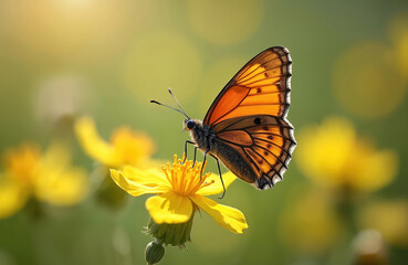 Duke of Burgundy butterfly perched on yellow flower. Close up shot reveals vibrant orange wing detail. Insect sits on flora in natural eco environment. Sunny daylight photo showcases spring beauty.