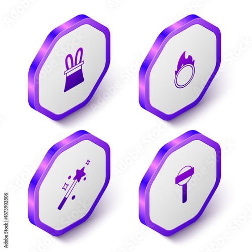 Set Isometric Magician hat and rabbit ears, Circus fire hoop, wand and Lollipop icon. Purple hexagon button. Vector
