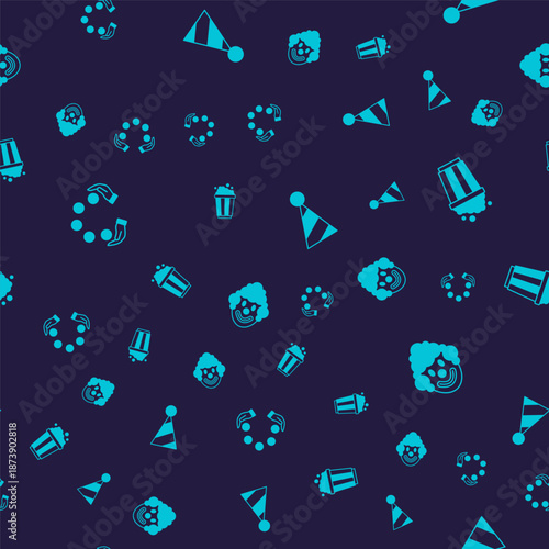 Set Juggling ball, Popcorn cardboard box, Party hat and Clown head on seamless pattern. Vector