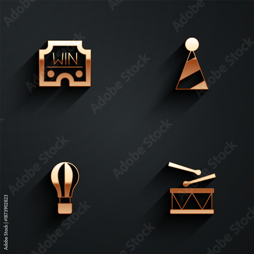 Set Casino win, Party hat, Hot air balloon and Drum with drum sticks icon with long shadow. Vector