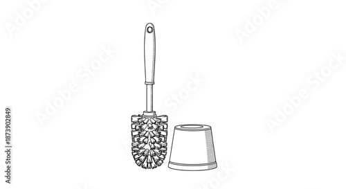 Hand-drawn sketch in a vintage engraving style of a toilet brush standing next to its holder, a common household cleaning tool.