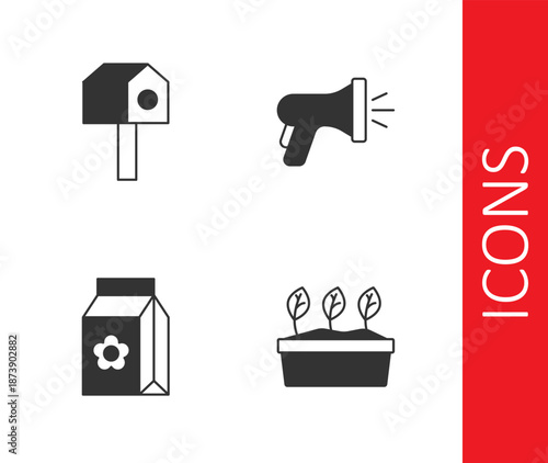 Set Plant in pot, Bird house, Pack full of seeds and Garden hose icon. Vector