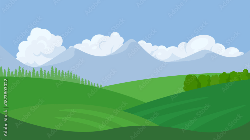 Obraz premium landscape with fields, mountains and cloudy sky