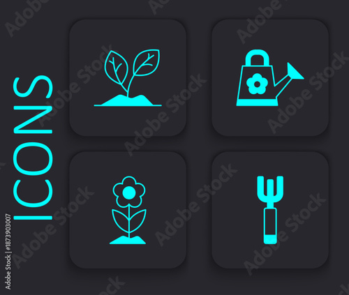Set Garden pitchfork, Sprout, Watering can and Flower icon. Black square button. Vector