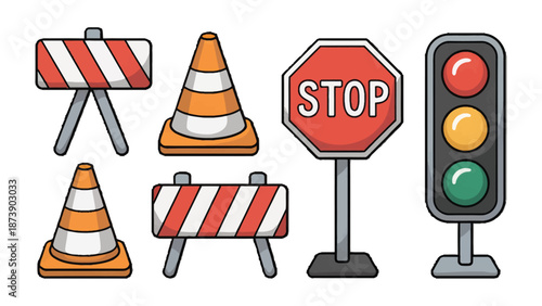 Safety Symbols: A set of essential traffic and safety signs, including cones, barricades, a stop sign, and a traffic light, are illustrated, representing essential road safety and regulations.