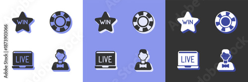 Set Casino dealer, win, Online poker table game and chips icon. Vector