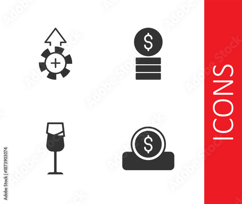 Set Coin money with dollar, Casino chips, Wine glass and icon. Vector