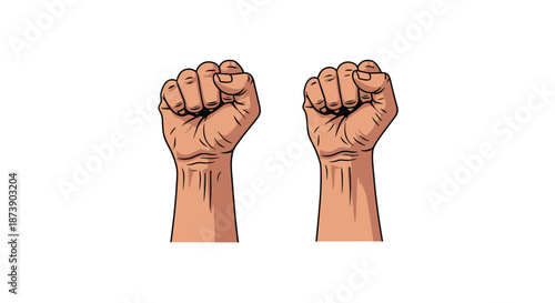 Illustration of two raised clenched fists in a powerful gesture of solidarity, strength, and protest, isolated on a white background.