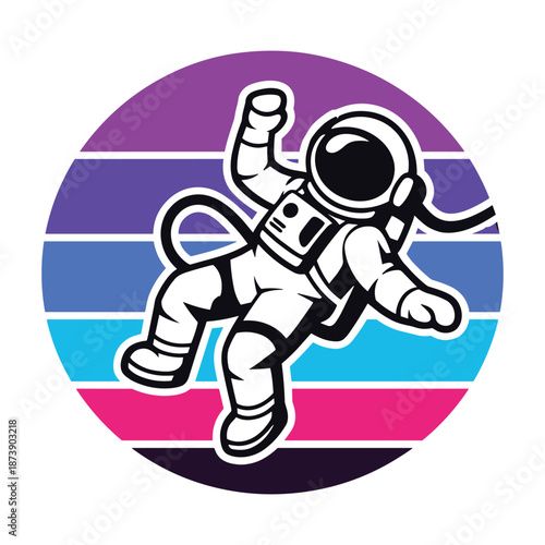 Astronaut floating in space against a retro striped circle