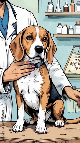 Seamless Pattern of Beagle Dogs with Veterinarian Cartoon Style for Animal Health