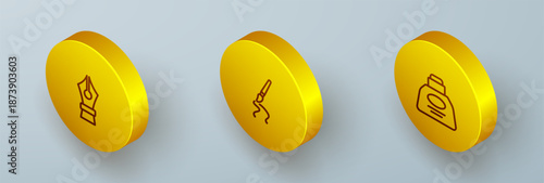 Set Isometric line Fountain pen nib, Paint brush and Inkwell icon. Vector