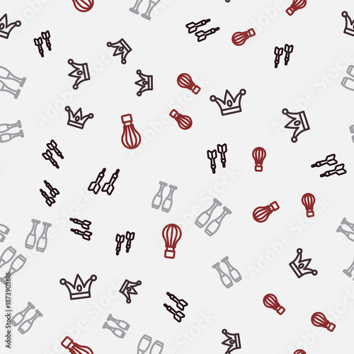 Set line Dart arrow, Jester hat with bells, Bowling pin and Hot air balloon on seamless pattern. Vector
