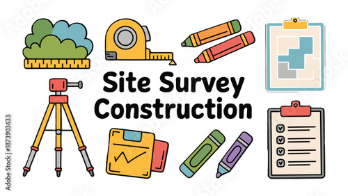 Construction Site Survey Elements: Illustration showcasing the core elements of a construction site survey. A visual guide for the building process, from concept to completion. 