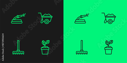 Set line Plant in pot, Garden rake, hose and Wheelbarrow icon. Vector