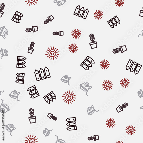 Set line Garden fence wooden, Flower in pot, Wheelbarrow and Sun on seamless pattern. Vector
