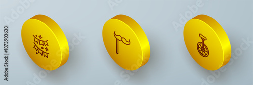 Set Isometric line Carnival garland with flags, Paper mustache on stick and Unicycle icon. Vector