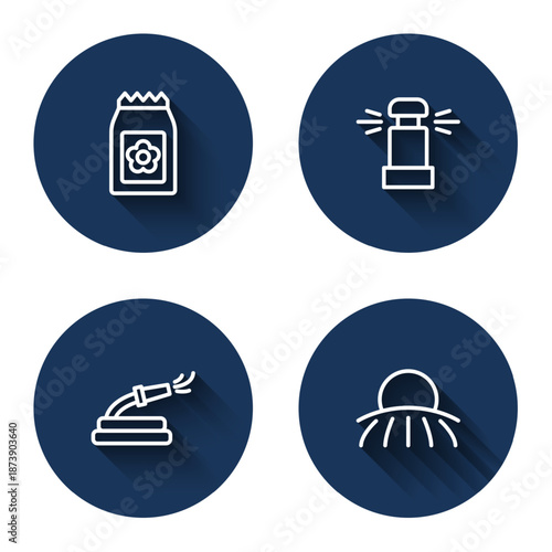 Set line Pack full of seeds, Automatic irrigation sprinklers, Garden hose and Sunrise with long shadow. Blue circle button. Vector