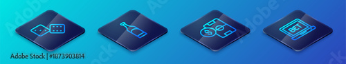 Set Isometric line Football betting money, Game dice, Online sports and Bottle of wine icon. Vector