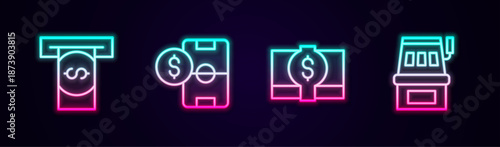 Set line Automated teller machine and money, Football betting, Stacks paper cash and Slot. Glowing neon icon. Vector