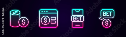 Set line Casino chip with dollar, Online poker table game, sports betting and . Glowing neon icon. Vector
