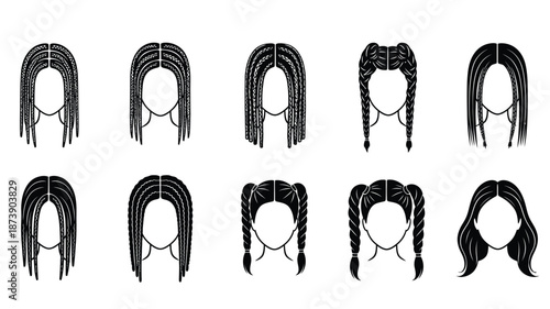 Collection of diverse braided hairstyle designs presented as a dark silhouette