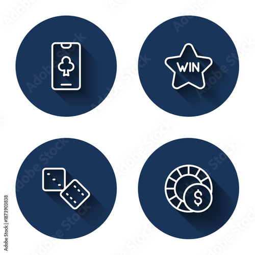 Set line Online poker table game, Casino win, Game dice and chips with long shadow. Blue circle button. Vector