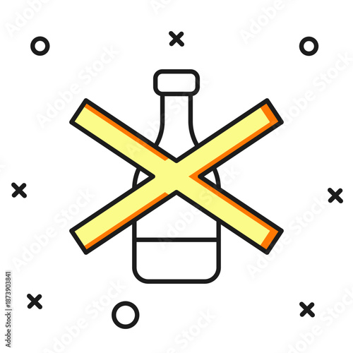 Filled outline No alcohol icon isolated on white background. Prohibiting alcohol beverages. Forbidden symbol with beer bottle glass. Flat filled outline style with shadow. Vector