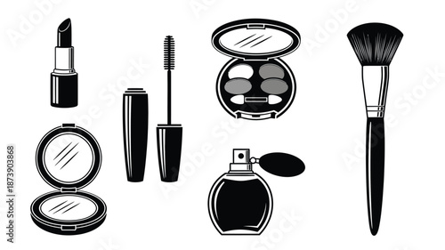 Various makeup products arranged in a stylish black and white silhouette