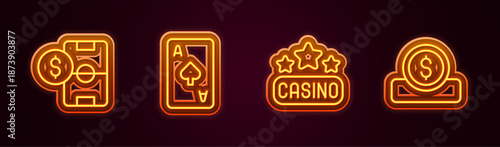 Set line Football betting money, Playing card with spades symbol, Casino signboard and Coin dollar. Glowing neon icon. Vector