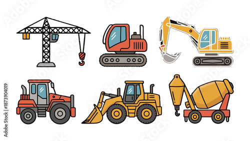 Construction Equipment Lineup: An array of construction machinery, from a towering crane to robust diggers, neatly arranged, poised for their next task on the construction site. 