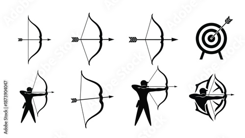 Archery equipment and target practice depicted in black and white silhouette