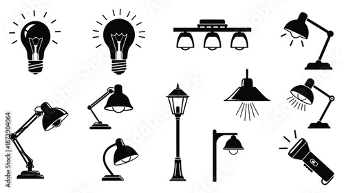Various lighting fixtures illustration in a striking black silhouette