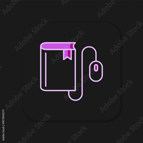 Filled outline Electronic book with mouse icon isolated on black background. Online education concept. E-book badge icon. Flat filled outline style with shadow. Vector