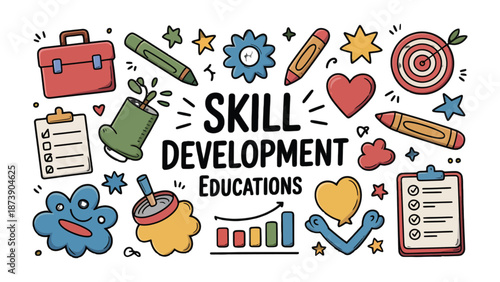 Skill Development Education: An illustration showing several skill development educations and many drawing item. 