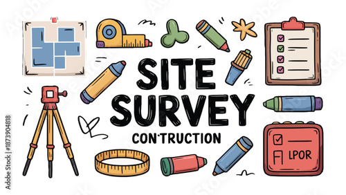 Site Survey Illustration: A graphic representation of site survey equipment. Depicting a layout blueprint, measuring tape, and drawing utensils.