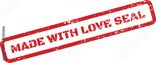 A red rectangular textured rubber stamp with Made with Love Seal indicating authenticity and quality